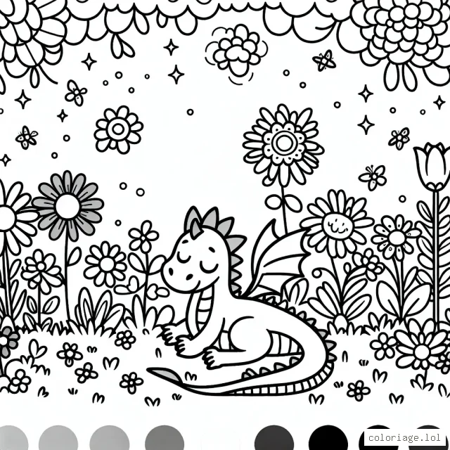 Un dragon amical se reposant sous un pré enchanté, garni de fleurs aux couleurs lumineuses