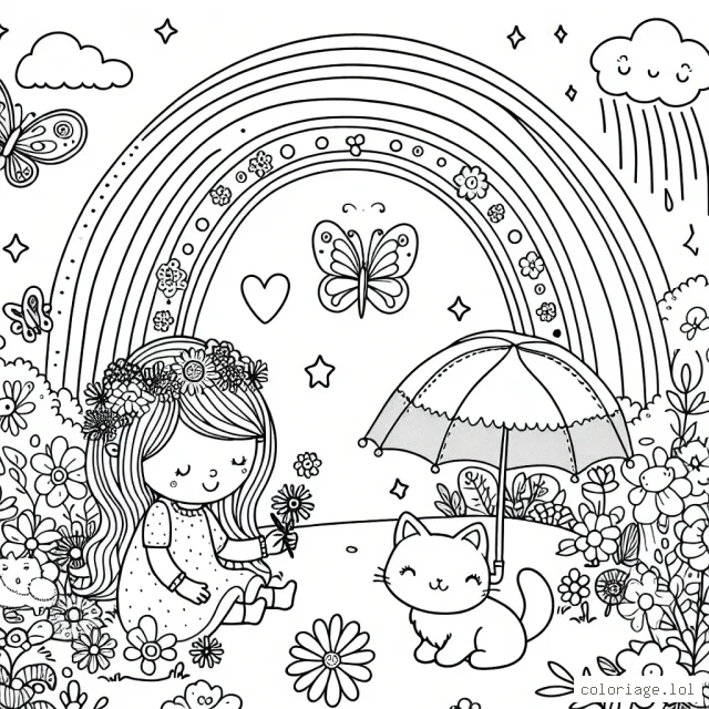 Dans un jardin de rêve, une petite fille joue avec son chaton et un papillon magique, sous un arc-en-ciel et entre des fleurs colorées. Aide-la à colorer ce paysage merveilleux.