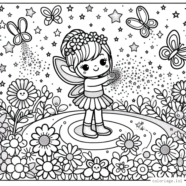 Une petite fée éparpillant des paillettes magiques sur une cour de fleurs multicolores entourée de papillons étincelants et de licornes.
