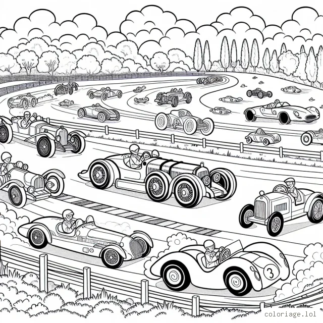 Imaginez un incroyable circuit de courses de voitures avec des véhicules tous plus colorés les uns que les autres. Il y a des voitures de sport éblouissantes qui filent à toute vitesse, d'adorables voitures anciennes aux formes rondes, et même des voitures fantastiques surgissant de l'imagination. Le paysage environnant est composé de jolis arbres, d'une foule enthousiaste et de nuages de poussière laissés par les voitures.