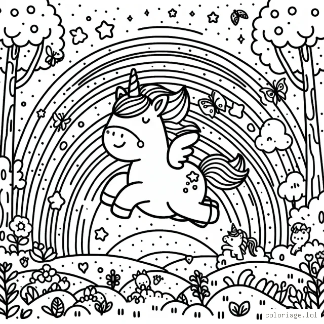 Dessine une jolie licorne sautant par-dessus un arc-en-ciel dans une forêt enchantée où vivent de petits animaux féeriques.