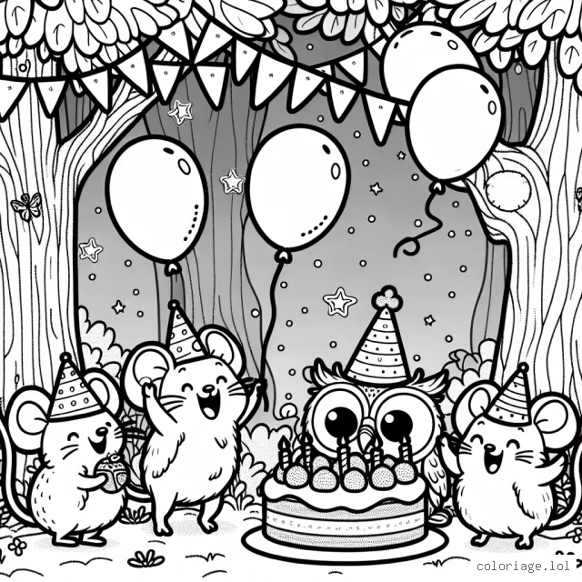 Un groupe de souris drôles et mignonnes qui organise une fête d'anniversaire pour leur amie la chouette dans la forêt enchantée