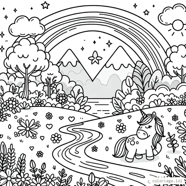 Crée un paysage féerique avec une petite licorne rampant au bord d'une petite rivière, entourée de fleurs colorées et d'un bel arc-en-ciel dans le ciel.