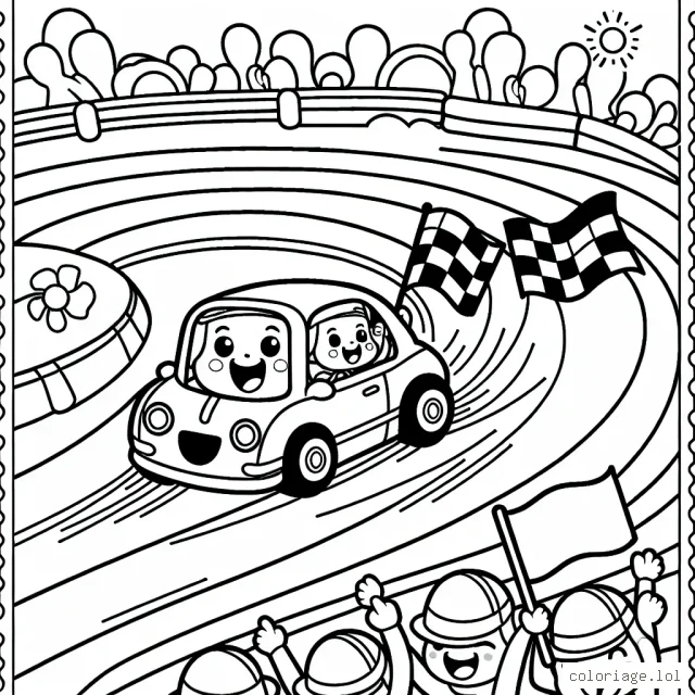 Crée un dessin détaillé d'une course de voitures enjouée sur une piste sinueuse avec des supporters acclamants et des drapeaux colorés