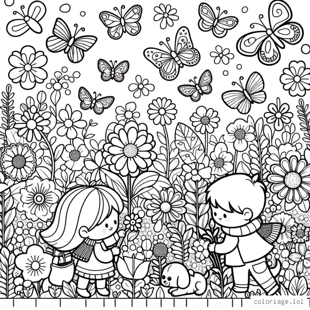 Imagine un magnifique jardin plein de fleurs colorées, de papillons dansants et de petits animaux jouant joyeusement. Sur un coin, un petit garçon et une petite fille sont en train de planter des graines tandis que leur chiot attend patiemment à leurs côtés.