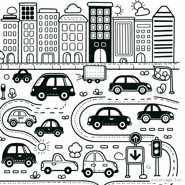 Dessine une ville animée avec des voitures de différentes formes et tailles. N'oublie pas d'ajouter des détails comme des feux de circulation, des panneaux routiers et des passants. Utilise des couleurs vives pour rendre la scène plus vivante.