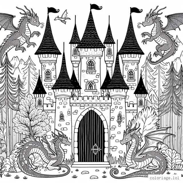 Le château enchanté avec ses gardiens les dragons au milieu de la forêt magique