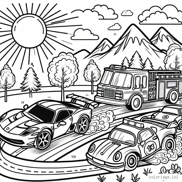 Imagine une scène où plusieurs modèles de voitures colorées participent à une course passionnante. Une voiture de sport rouge flamboyante est en tête, suivie de près par une voiture de course bleue électrique et une voiture familiale verte, toutes débordant d'énergie et de vitalité. Ajoute un camion de pompier et une voiture de police dans le fond, en train de faire la course pour sauver la journée. N'oublie pas d'intégrer le beau paysage de fond avec un grand soleil, des arbres, des montagnes et une route sinueuse.