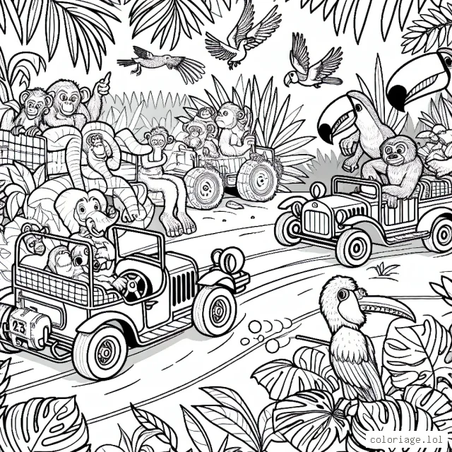 Une course de voitures surprenante au milieu de la jungle, avec des animaux exotiques comme spectateurs