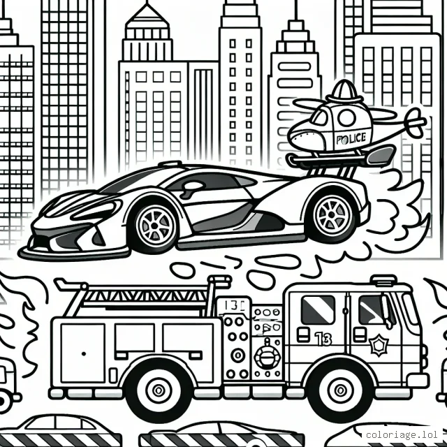 Dessiner un dessin comportant une course palpitante entre une voiture de course sportive, un camion de pompiers et une voiture de police dans une ville animée.