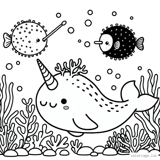 Imagine un monde sous-marin avec un narval jouant avec des poissons ballon.