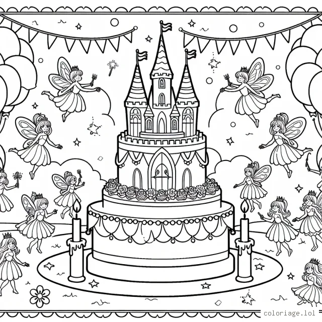 Une grande fête d'anniversaire avec un gâteau à la forme d'un château enchanté et des fées qui dansent autour.