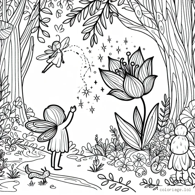 Imagine une petite fée assistant dans la forêt enchantée, orange et violette, à la naissance d'une fleur magique rose et bleue, sous les yeux émerveillés des animaux de la forêt.