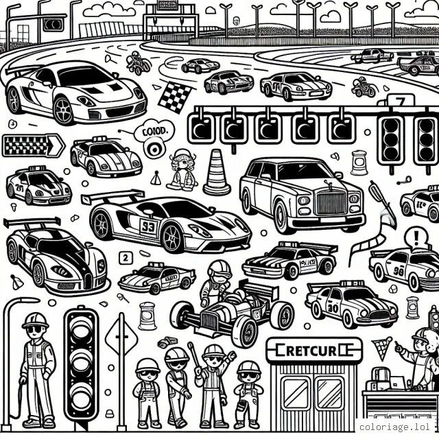 Il y a une grande course de voitures à dessiner. Il y a différentes sortes de voitures: sportives, antiques, de police et même de course. Sur la piste, il y a des panneaux de signalisation, des feux de circulation, un grand public qui encourage les voitures et même un stand de ravitaillement avec des mécaniciens.