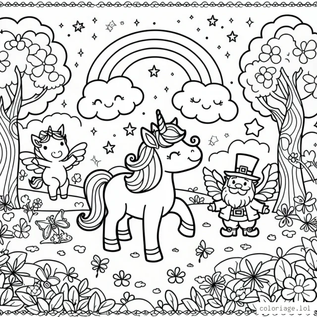 Un jardin enchanté peuplé de licornes et de farfadets joyeux