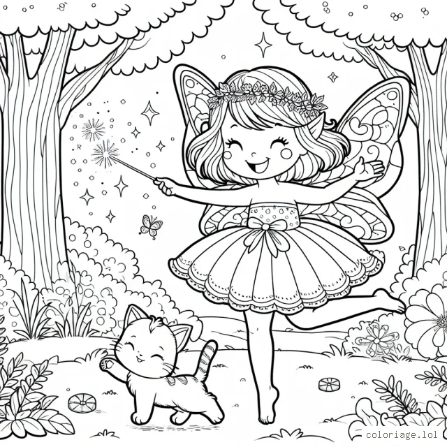 Une petite fée jouant avec son chaton magique dans une clairière enchantée.