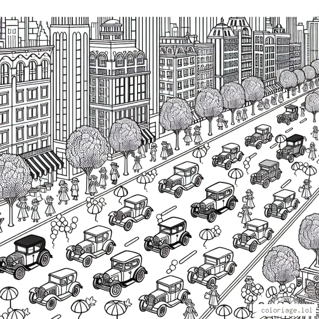 Un défilé de voitures d'époque dans une ville animée