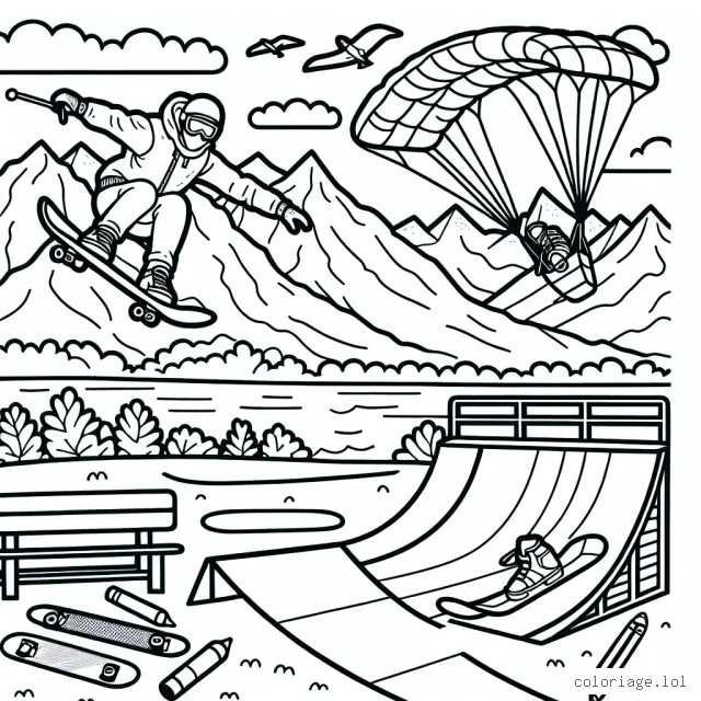 Dessinez un skateur sautant par-dessus une rampe dans un parc à skate, un snowboarder dévalant une montagne enneigée, un surfeur attrapant une énorme vague et un parapentiste volant dans les cieux.