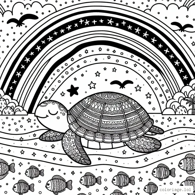 Dans ce dessin à colorier, il y a une grande tortue aux motifs variés qui navigue paisiblement sur un océan pailleté sous un arc-en-ciel aux multiples couleurs. Autour d'elle, il y a une multitude de petits poissons colorés, curieux et joyeux. Dans le ciel, de nombreux oiseaux volent librement, créant un paysage serein et fantastique.