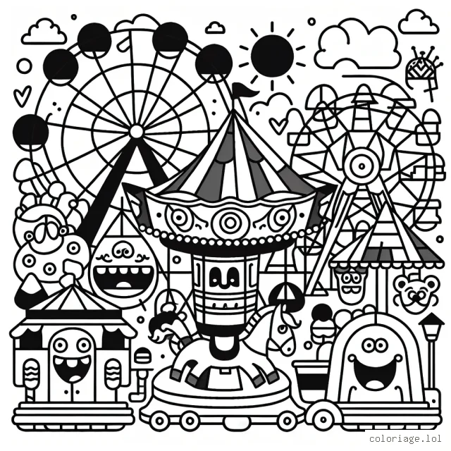 Imagine un parc d'attractions rempli de formes géométriques amusantes et colorées. Le carrousel est un grand cercle avec des chevaux rectangulaires, la grande roue est un immense triangle équilatéral et la maison des fantômes est un carré rigolo avec des yeux ovales. Ta mission est de remplir ce parc incroyable avec tes couleurs préférées !