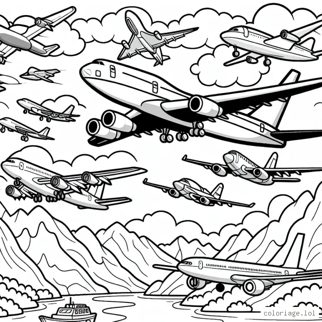 Imaginez un ensemble de différents types d'avions, depuis les avions de ligne jusqu'aux avions à réaction, en passant par les avions de chasse vintage et modernes, qui survolent un paysage de montagnes et de rivières.