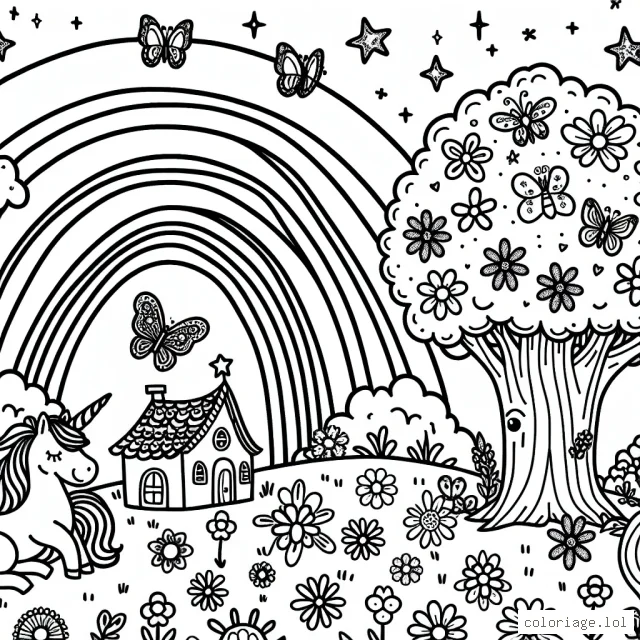 Imagines un jardin enchanteur peuplé de licornes, de fées et de papillons multicolores. Sur la gauche, dessines un grand arc-en-ciel qui traverse le ciel. À la droite, mets un arbre féerique abritant une petite maison pour les fées. N'oublies pas d'ajouter des fleurs ici et là pour donner plus de couleurs à ton dessin.