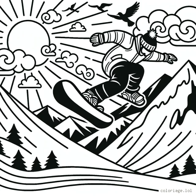 Un snowboarder qui fait un saut impressionnant par-dessus une montagne, avec des oiseaux volant dans le ciel et le soleil qui se couche en arrière-plan.