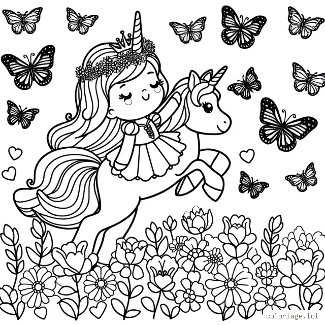 Dessine une princesse licorne dans un jardin fleuri survolé par des papillons multicolores.