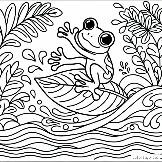 Une grenouille surfant sur une feuille dans une rivière enchantée