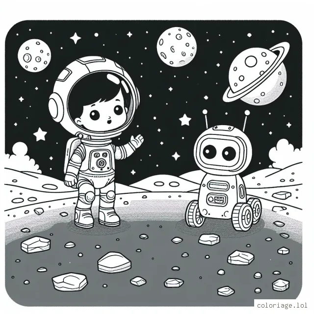 Un jeune astronaute émerveillé devant sa première mission sur la lune, accompagné de son fidèle robot explorateur