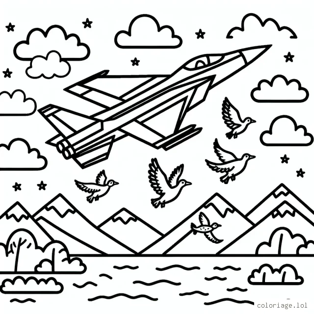 Un avion de chasse survolant les montagnes avec des oiseaux migrateurs