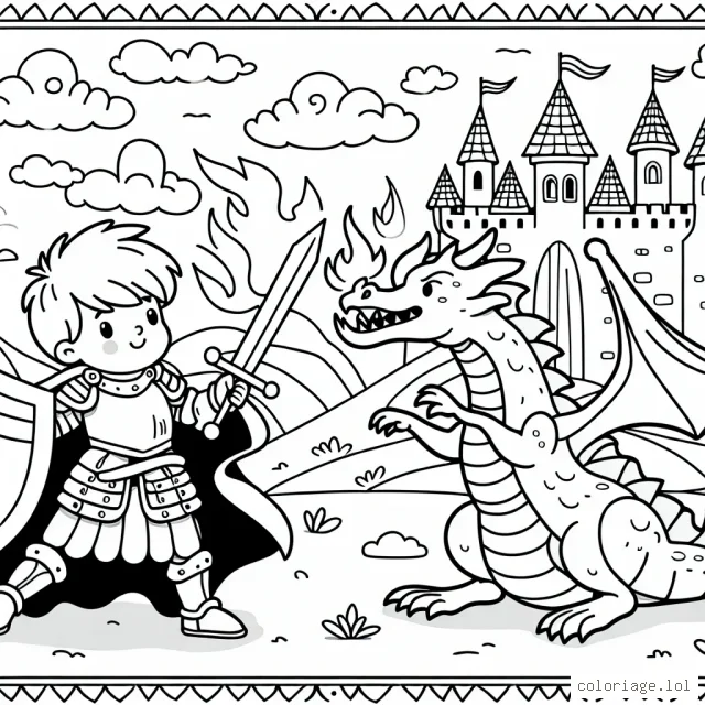 Un jeune chevalier courageux défiant un dragon cracheur de feu tout en protégeant son royaume