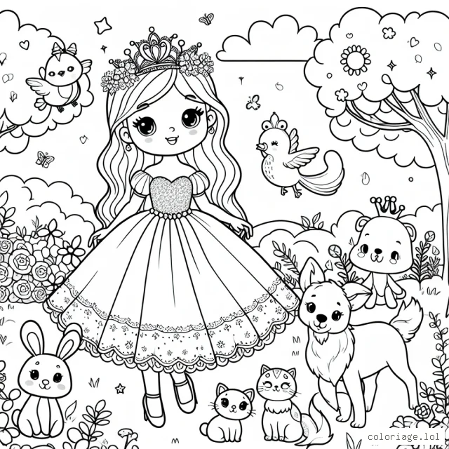 Imagine une princesse, entourée d'animaux mignons dans son jardin secret. Les animaux peuvent inclure un joli petit lapin, un chaton espiègle, un gentil chien et des oiseaux colorés. La princesse a une belle robe longue et une couronne étincelante. Le jardin est plein de fleurs, d'arbres et d'un beau ciel.