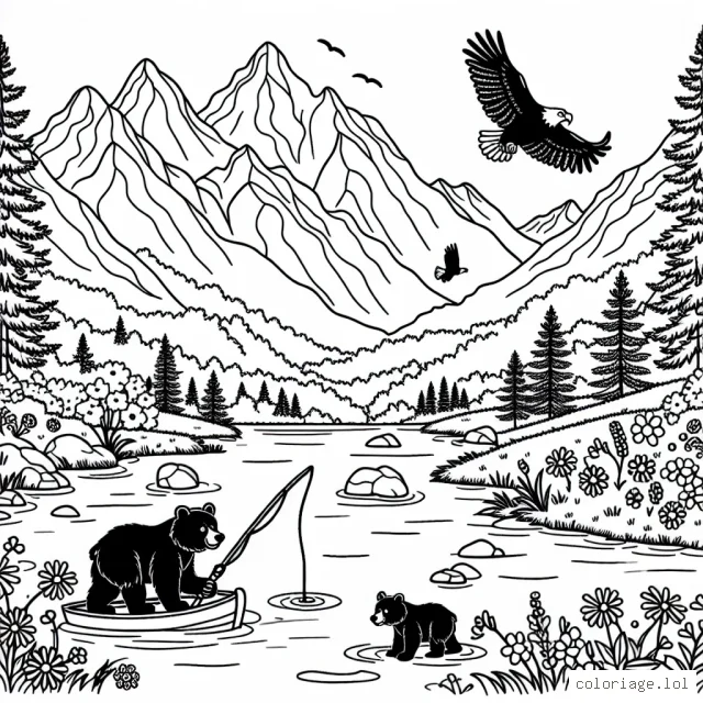Imaginez un paysage de montagnes majestueuses avec une famille d'ours en train de pêcher dans une rivière étincelante. Au loin, un aigle survole le ciel et de jolies fleurs sauvages ornent la scène.