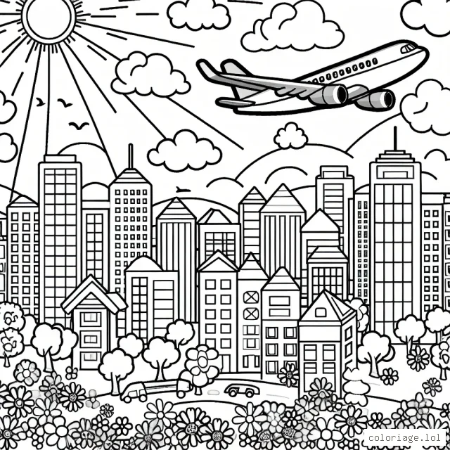 Un avion passager survolant une ville animée lors d'une belle journée ensoleillée