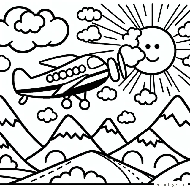 Un avion volant au-dessus des montagnes, avec des nuages dispersés et un soleil souriant qui regarde depuis le ciel.