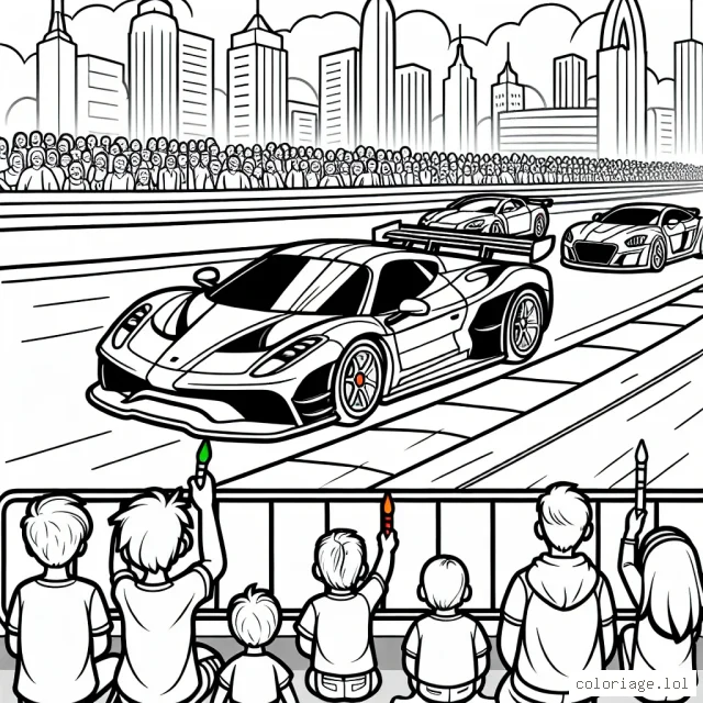 Design une course effrénée de voitures de sport en plein centre-ville avec des spectateurs admiratifs.