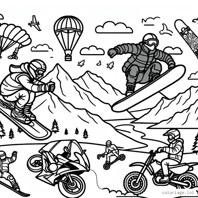 Créer un coloriage présentant différents sports extrêmes.