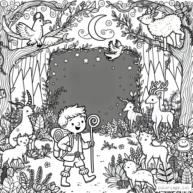 Un aventurier explorant une forêt enchantée peuplée d'animaux fantastiques et de plantes magiques.