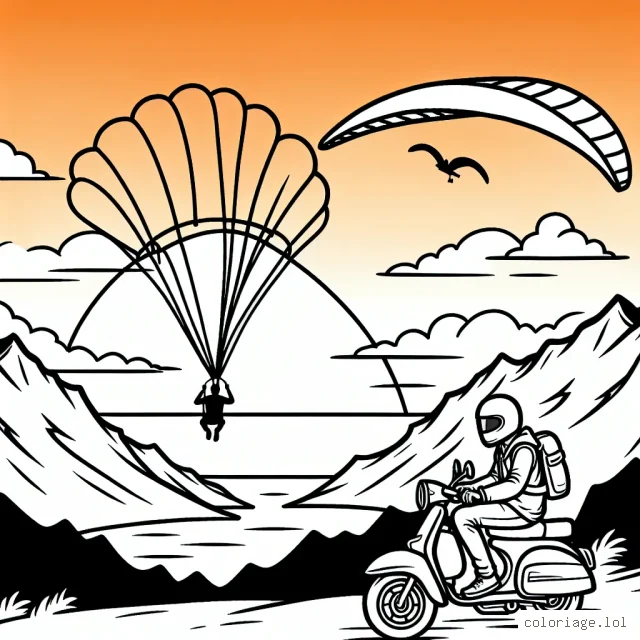 Un vélomoteur de montagne volant au-dessus d'une crête embrasée par un coucher de soleil avec un parapentiste téméraire en arrière-plan