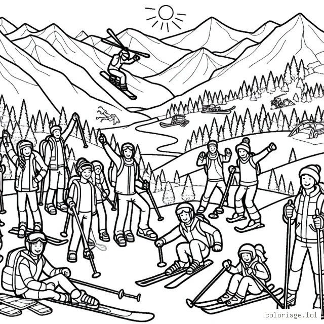 Dessine un groupe d'amis accomplissant divers sports extrêmes dans un paysage montagneux dans le cadre d'une journée ensoleillée.