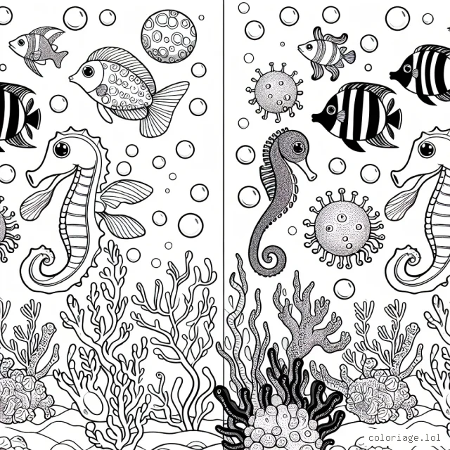 Imagine et dessine un paysage féerique sous-marin peuplé de créatures marines fantastiques: poissons à multiples couleurs, hippocampes géants, pieuvres dansantes et coraux scintillants.