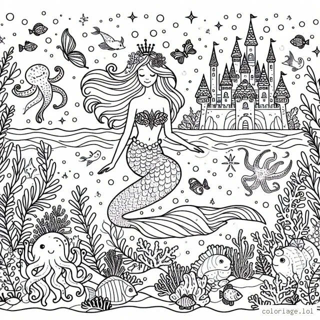 Un paysage féérique sous-marin avec une sirène gracieuse naviguant parmi des créatures marines colorées et un château de coraux étincelants