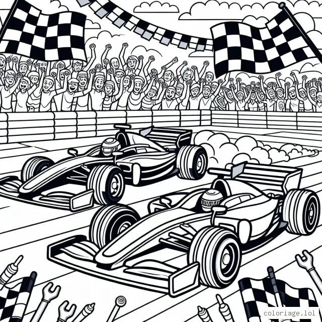Imagine deux voitures de course vrombissantes sur une piste de course, avec des drapeaux à damier en fond et un public enthousiaste sur les côtés. N'oublie pas d'ajouter des détails comme les numéros sur les voitures, les volants à l'intérieur et même les pilotes à l'intérieur !