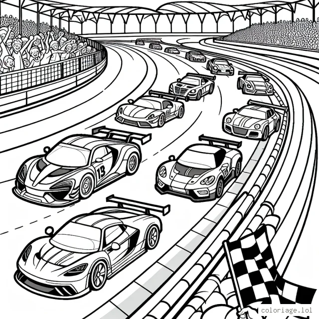 Un circuit de course animé où différentes voitures de sport sont en pleine compétition. On y voit des voitures de différentes formes et tailles, certaines sont en tête tandis que d'autres sont en train de se rattraper. Il y a même des supporters dans les gradins, qui agitent des drapeaux pour encourager leur pilote préféré. Le circuit possède des courbes sinueuses qui ajoutent au défi de la course.