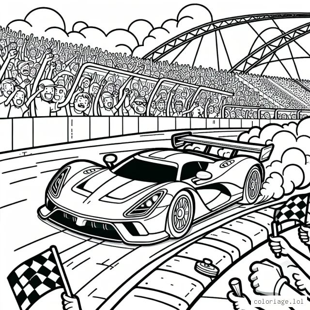 Imagine une scène d'une course de voitures de sport sur un circuit emblématique. La voiture de tête est une puissante voiture rouge, laissant derrière elle une traînée de fumée. Autour du circuit, des fanatiques de courses débordent d'enthousiasme.