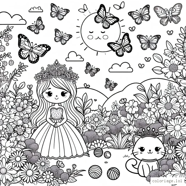 Un joli paysage de jardin avec de nombreux papillons volant autour de belles fleurs colorées, une jeune princesse avec une tiare éblouissante et une jolie robe, et un petit chaton blanc jouant avec une pelote de laine dans un coin.