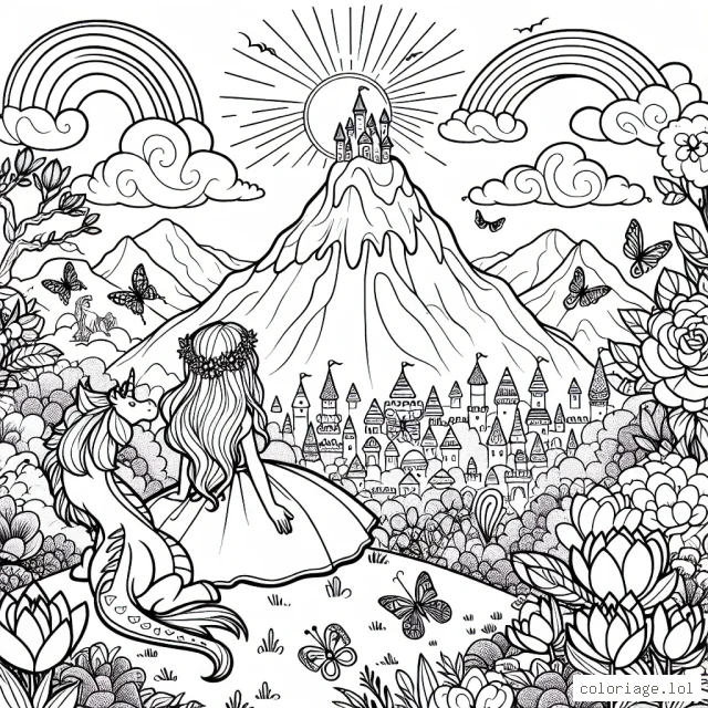 Une petite princesse assise au sommet d'une montagne majestueuse regarde un coucher de soleil féerique avec son petit dragon de compagnie. Autour d'elle, un jardin enchanté rempli de magnolias colorés, de papillons magiques et de licornes. En bas de la montagne, on peut apercevoir un royaume aux mille couleurs avec des châteaux et des arcs-en-ciel.