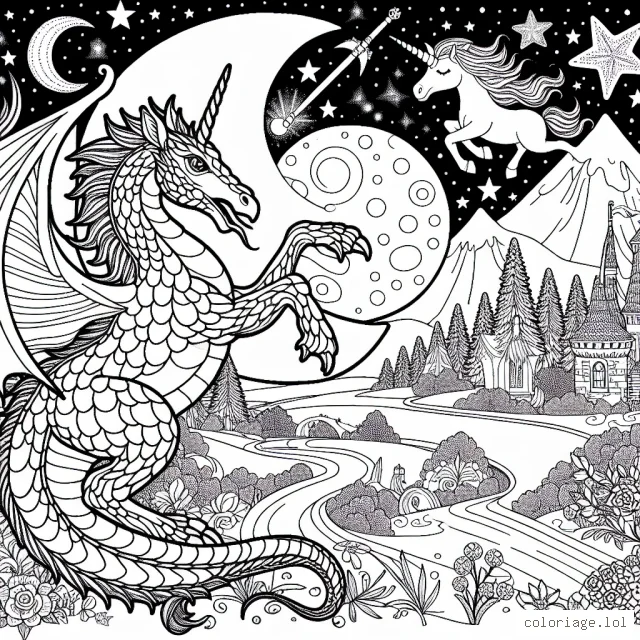 Imagine un paysage fantastique peuplé de dragons et de licornes charismatiques, avec un ciel étoilé et une lune majestueuse. Concentre-toi sur les détails : les écailles du dragon, la brillance de la licorne, la texture de la lune et les étoiles scintillantes.