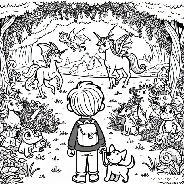 Un petit garçon plutôt curieux se tient devant un jardin foisonnant de créatures enchantées. Il aperçoit des licornes, des dragons, des lutins et des fées. Il est tout excité et décidé à explorer ce monde fantastique avec son fidèle chien.